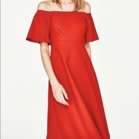 Zara Red Midi Off-the-Shoulder Jersey Dress Size Small - Picture 1 of 9